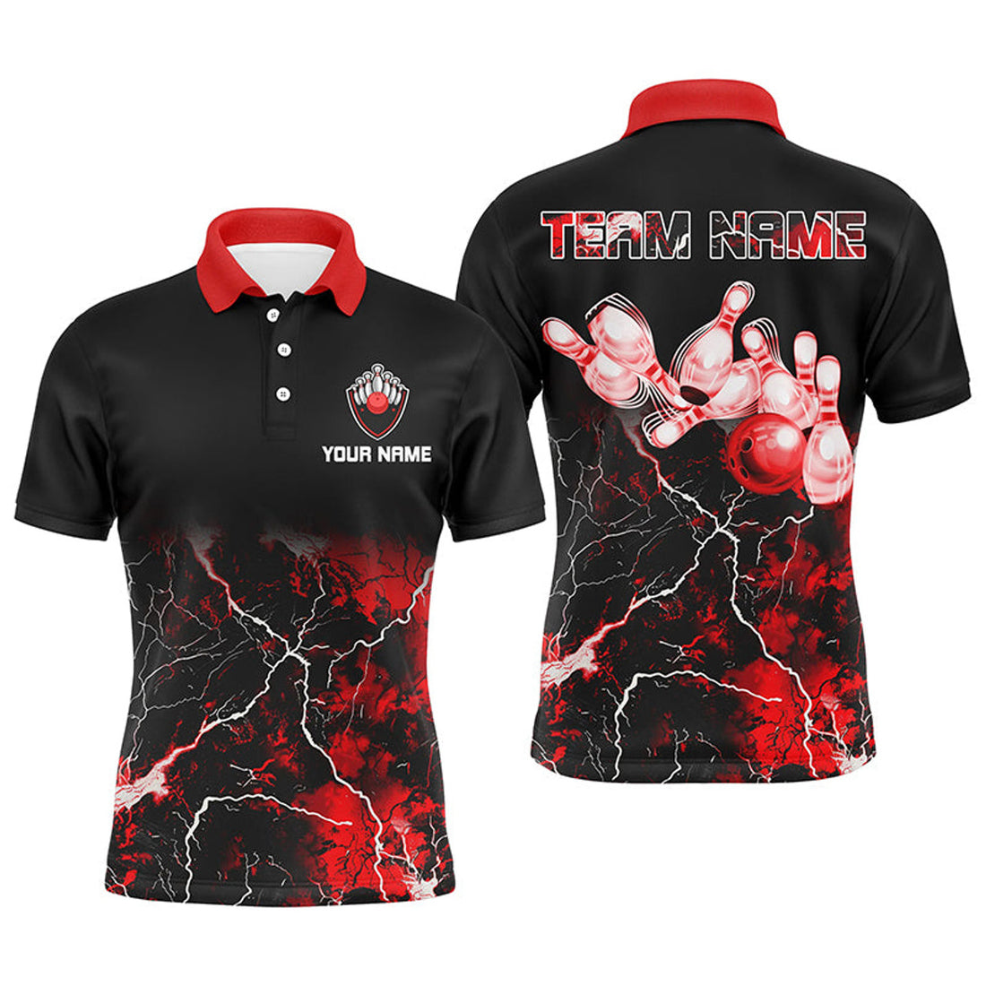 Custom Men Bowling Polo Shirt Red Lightning Thunder Custom Bowling Ball Pins Bowling Jerseys For Bowler
