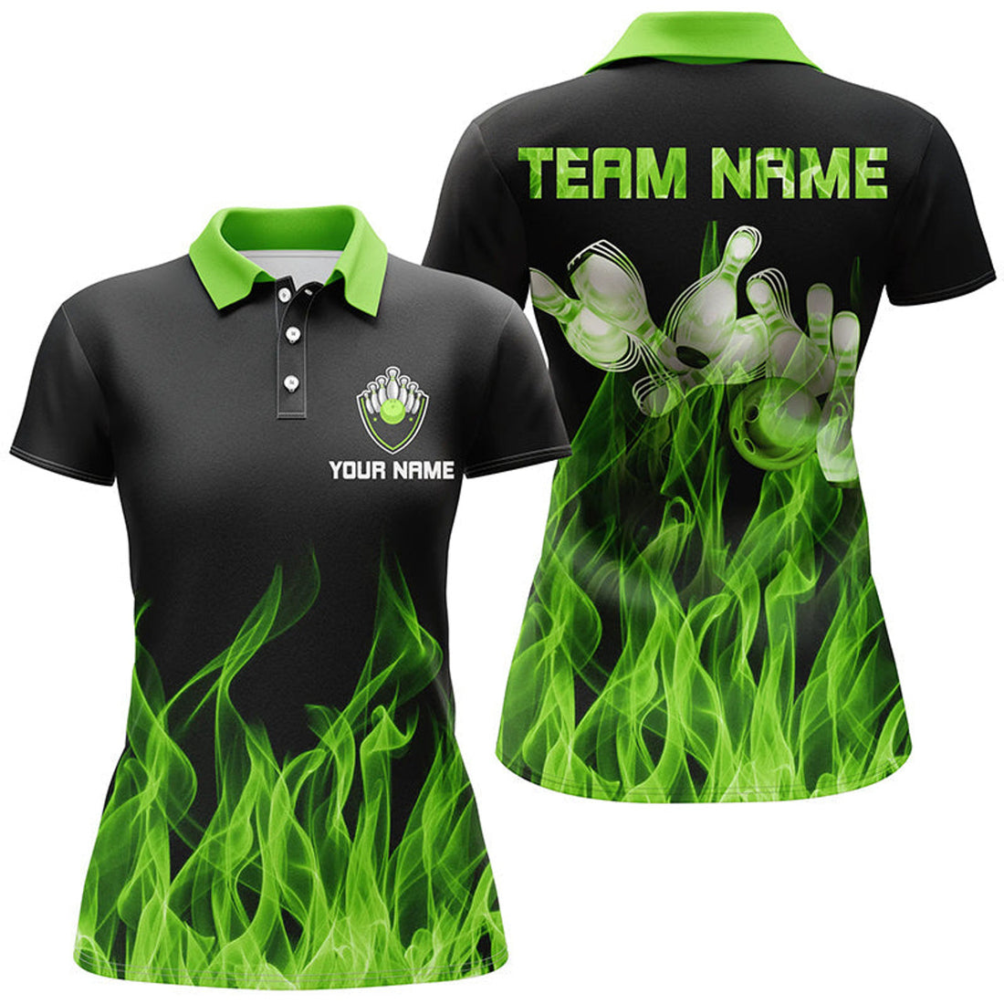 Custom Green flame Womens bowling polo shirt black Bowling Jerseys Personalized Bowling Team Shirts