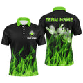 Personalized Men Polo Bowling Shirt Green Flame Bowling Ball And Pins Bowling Jerseys For Men Bowler