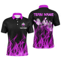 Personalized Men Polo Bowling Shirt Purple Flame Bowling Ball And Pins Bowling Jerseys For Men Bowler