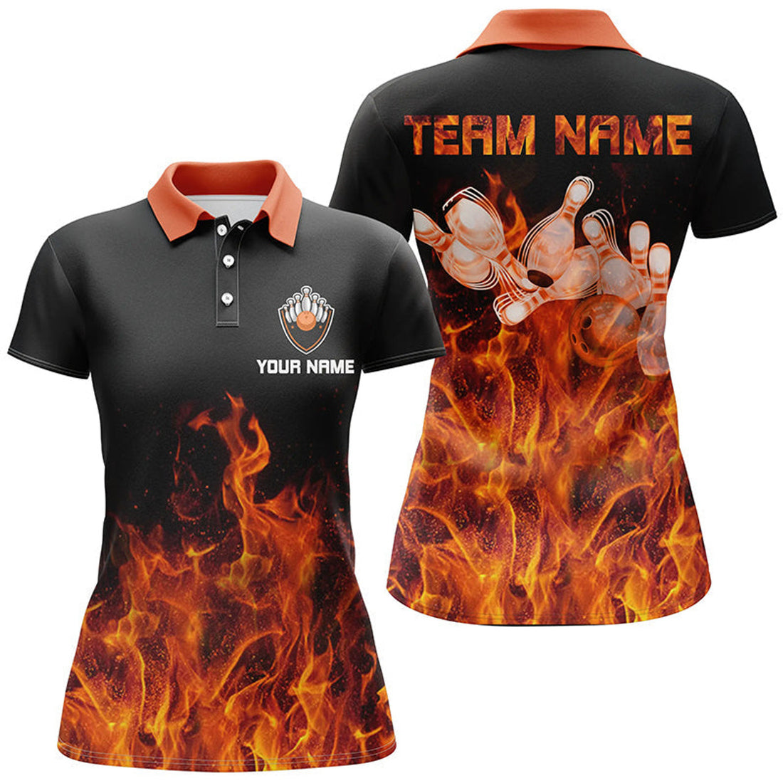 Custom Flame Womens bowling polo shirt black Bowling Jerseys Personalized Bowling Team Shirts