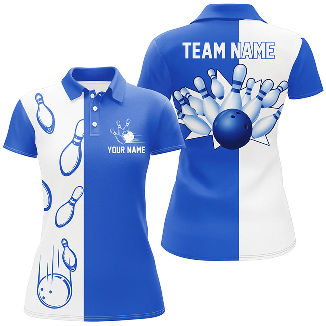 Custom Blue And White Retro Vintage Bowling Polo Shirts For Women Custom Bowling Team Jerseys