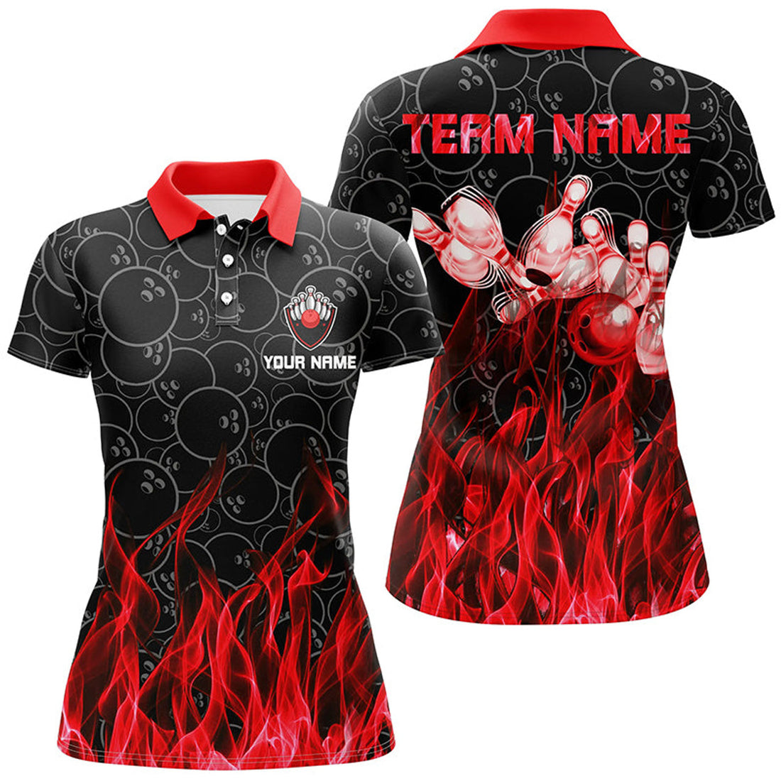 Custom Red Flame Womens Bowling Polo Shirt Black Camo Bowling Jerseys Personalized Bowling Team Shirts