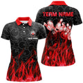 Custom Red Flame Womens Bowling Polo Shirt Black Camo Bowling Jerseys Personalized Bowling Team Shirts