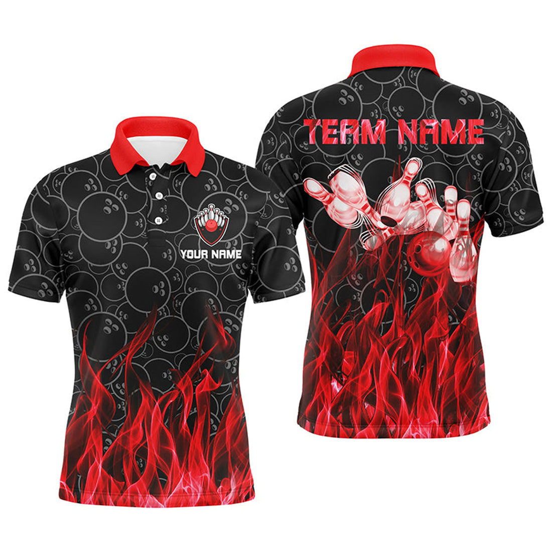 Personalized Men Polo Bowling Shirt Red Flame Bowling Ball And Pins Camo Bowling Jersey For Men Bowler