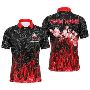 Personalized Men Polo Bowling Shirt Red Flame Bowling Ball And Pins Camo Bowling Jersey For Men Bowler