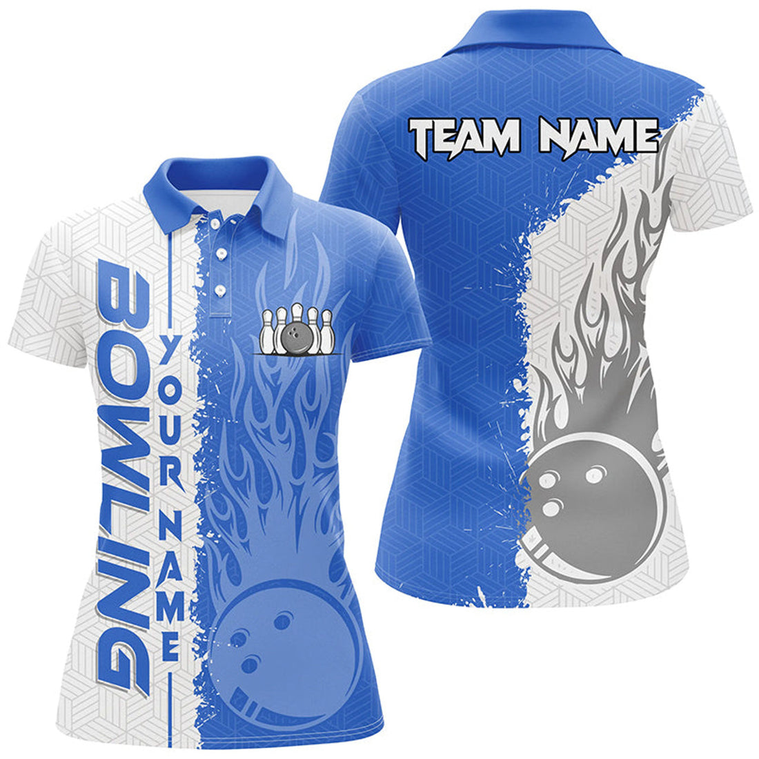 Custom Women Bowling Polo Shirts Custom White And Blue Flame Bowling Ball And Pins Team League Jerseys