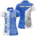 Custom Women Bowling Polo Shirts Custom White And Blue Flame Bowling Ball And Pins Team League Jerseys