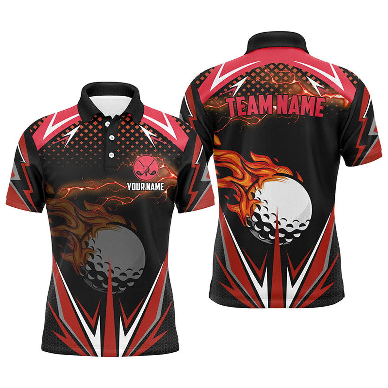 Custom Black Mens golf polo shirts custom Red fire lightning team golf jerseys, golf attire for men