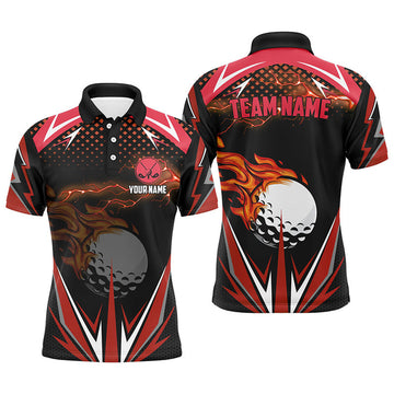 Custom Black Mens golf polo shirts custom Red fire lightning team golf jerseys, golf attire for men