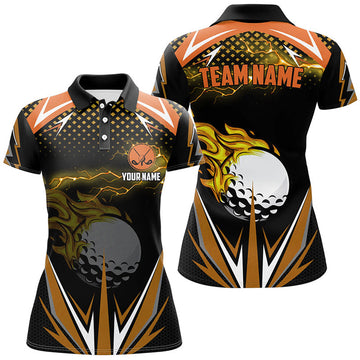 Custom Black Womens golf polo shirts custom Orange fire lightning team golf jerseys, golf attire for ladies