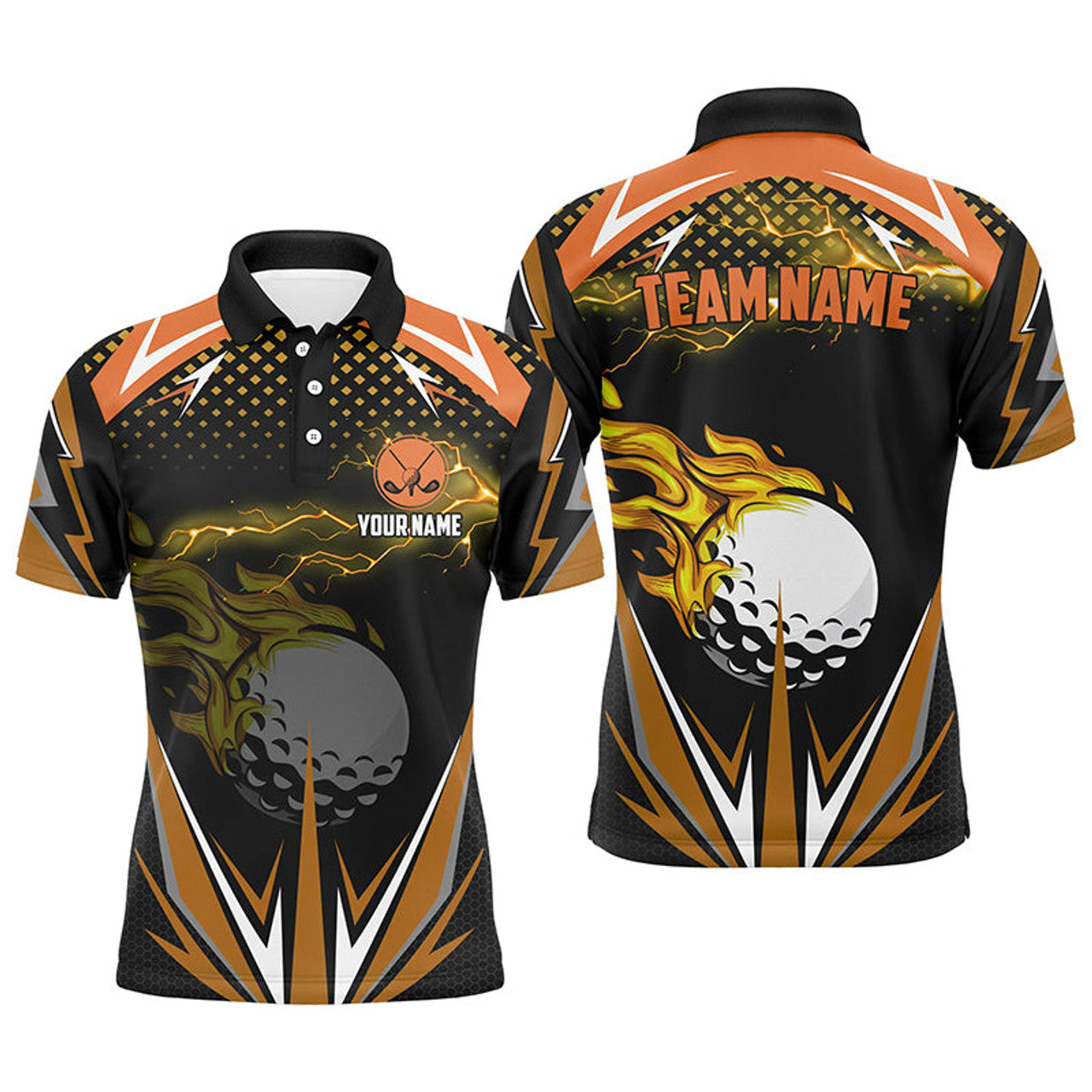 Custom Black Mens golf polo shirts custom Orange fire lightning team golf jerseys, golf attire for men