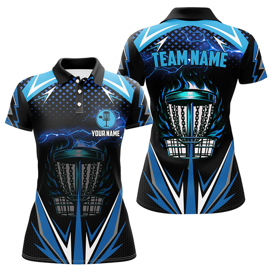 Custom Black Women Disc Golf Polo Shirts Custom Blue Fire Lightning Team Disc Golf Jerseys, Unique Golf Gifts