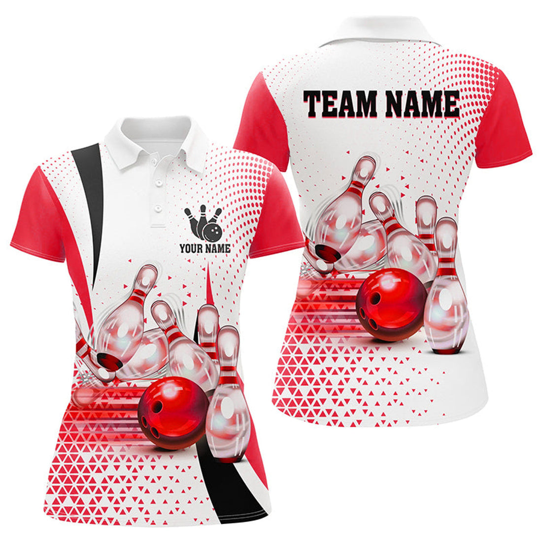 Custom Womens Bowling Polo Shirt Custom Bowling Ball Pins Bowling Team Shirts, Gifts For Bowlers | Red