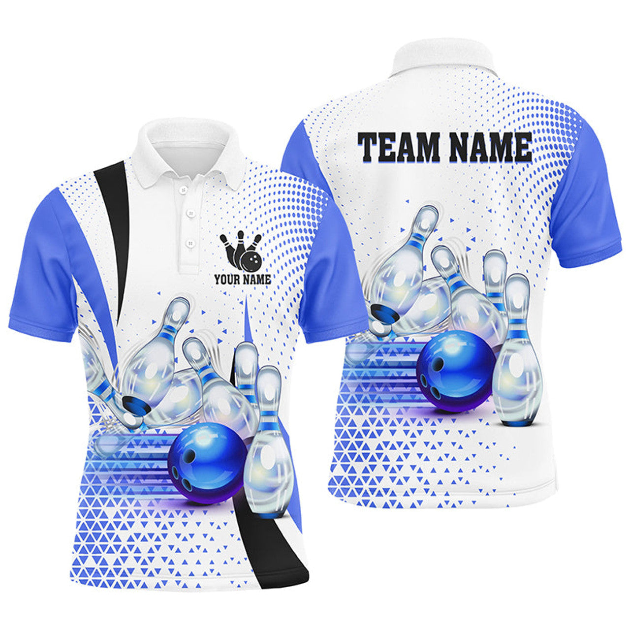 Custom Men Bowling Polo Shirt Custom bowling ball pins bowling team shirts, gifts for bowlers | Blue