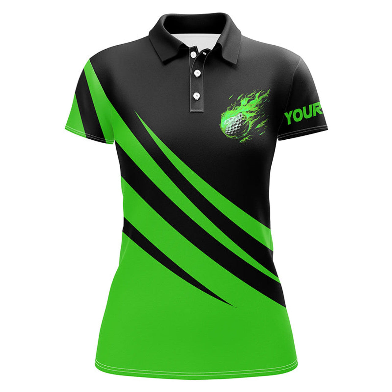 Custom Black And Green Women Golf Polo Shirt Custom Flame Golf Ball Fire Ladies Golf Tops, Golfing Gifts