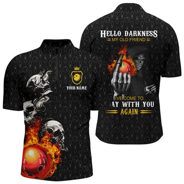 Custom Bowling Quarter Zip shirts for men custom black bowling skull darkness old friend come play with you