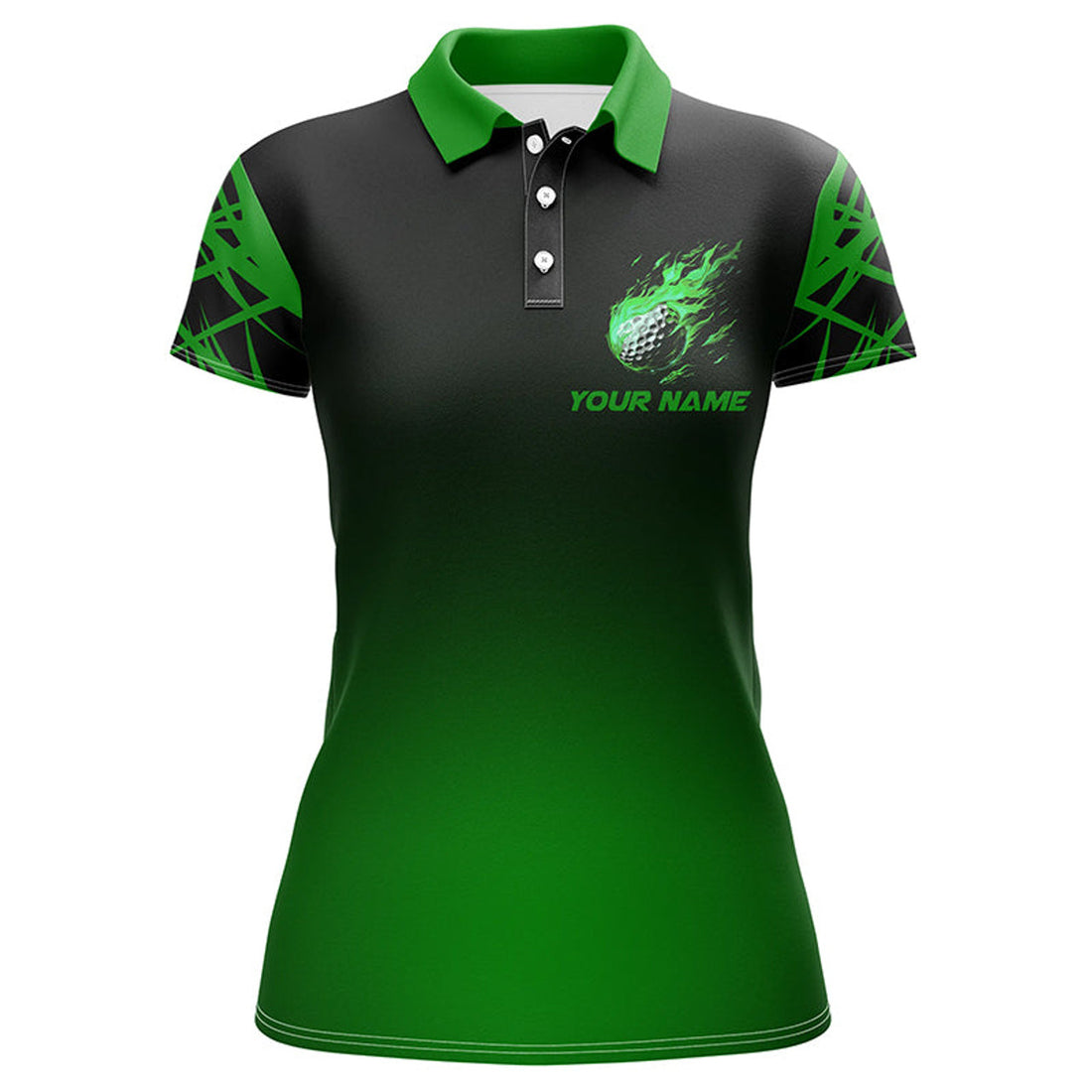 Custom Black And Green Gradient Golf Fire Custom Womens Golf Polo Shirts, Team Ladies Golf Tops