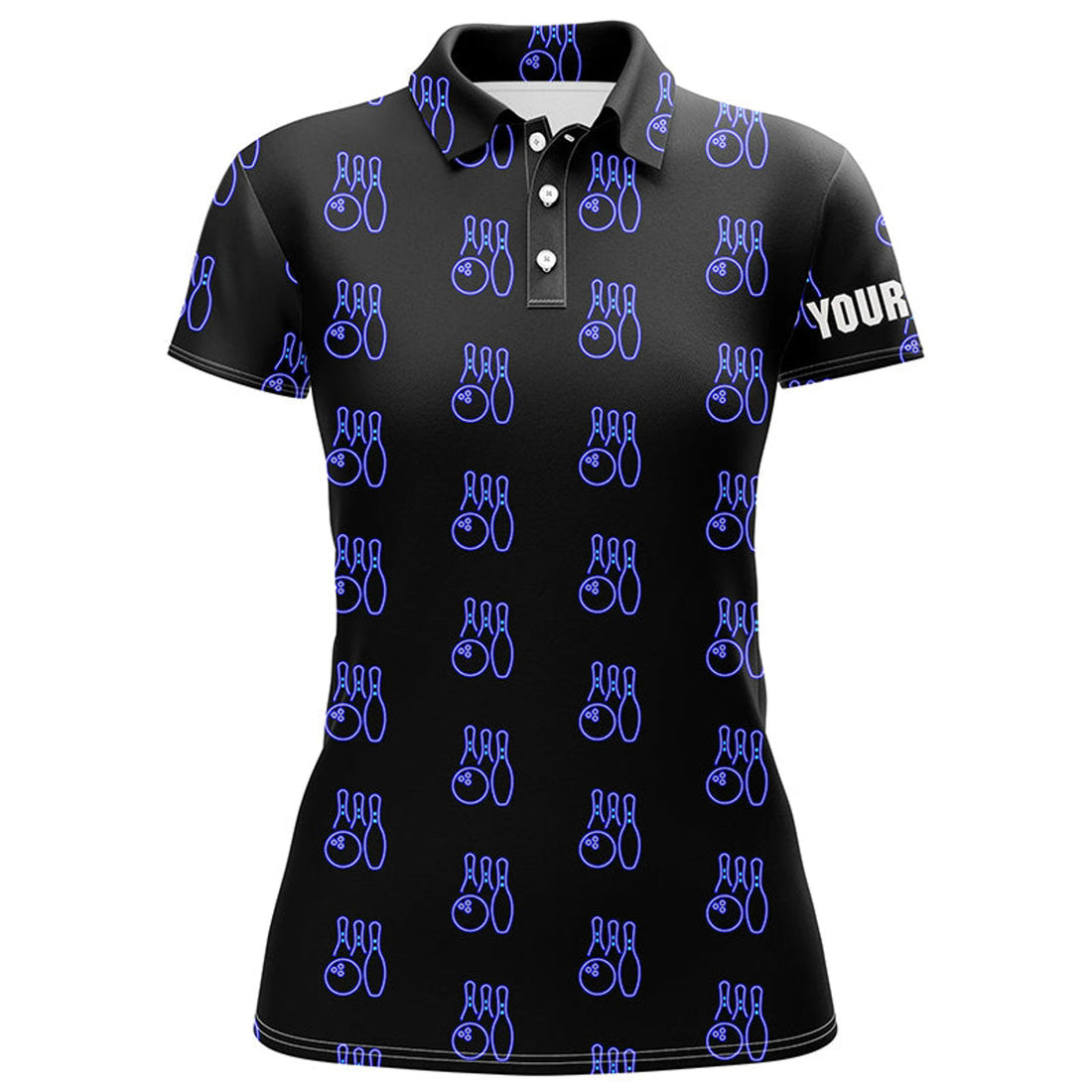 Custom Black Neon Bowling Seamless Pattern Custom Women Bowling Polo Shirt, Bowling Team League Jerseys