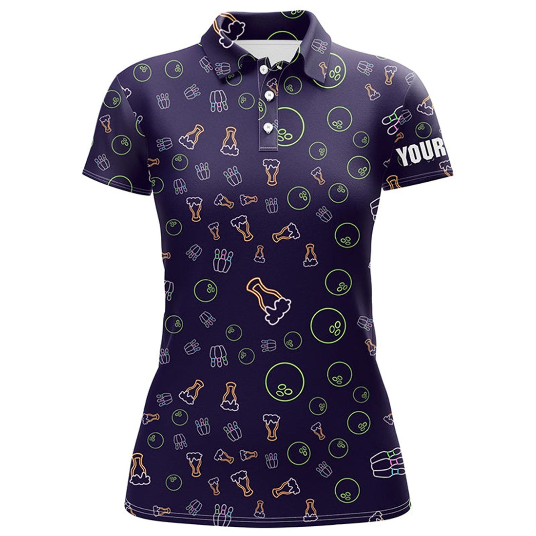 Custom Neon Beer Glowing Bowling Pattern Custom Women Bowling Polo Shirt, Bowling Team League Jerseys