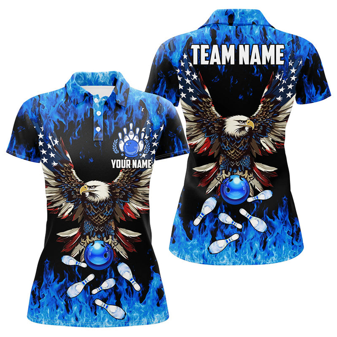 Custom Blue Flame Women Bowling Polo Shirts Custom American Flag Eagle Team Bowling Shirt, Gift For Bowlers
