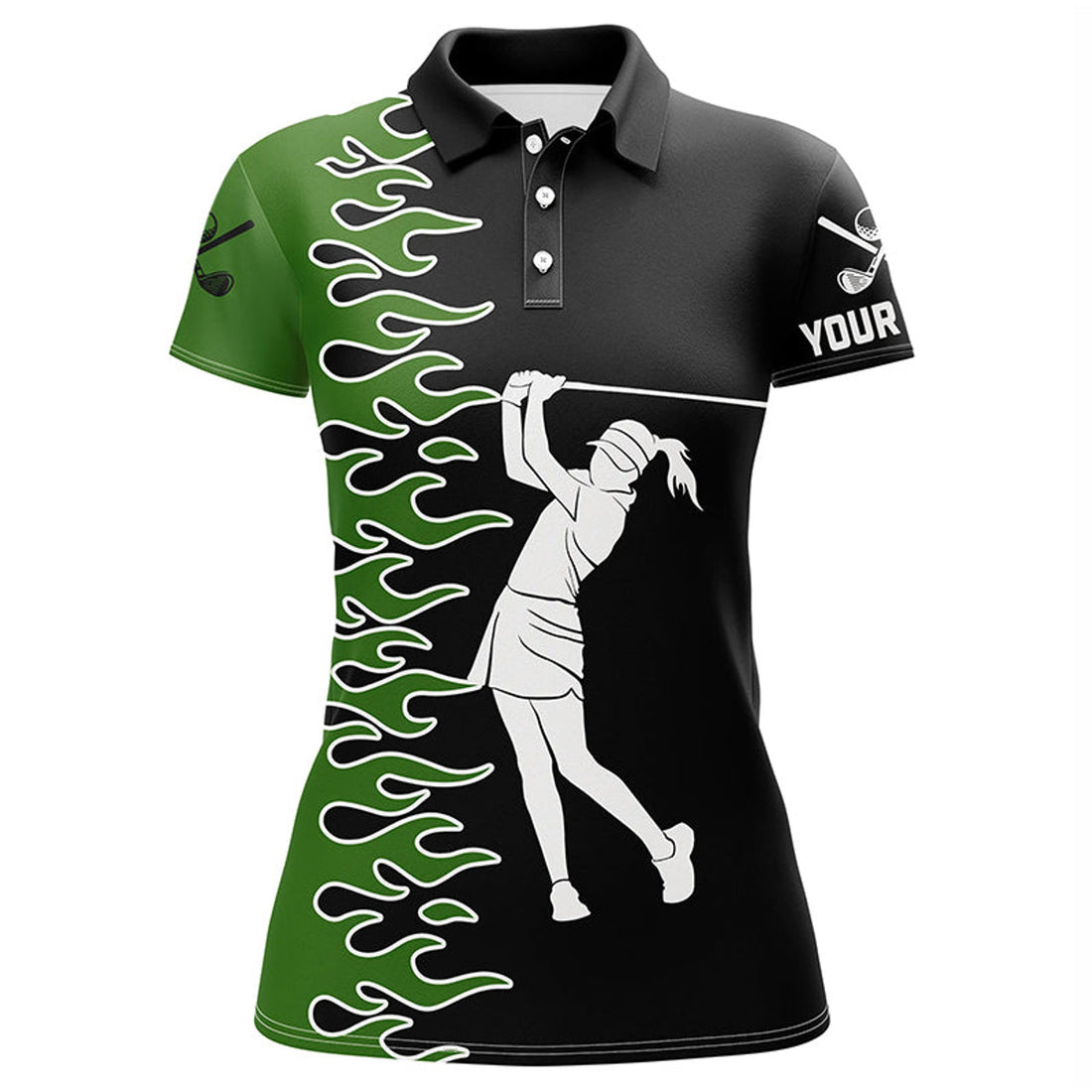 Custom Black And Green Flame Custom Women Golf Polo Shirts, Ladies Golf Outfits Gifts For Golf Lovers