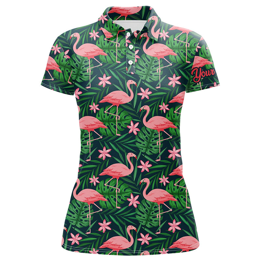 Custom Womens Golf Polo Shirts Custom Pink Flamingo Green Tropical Leaf Pattern Golf Apparel For Team Ladies