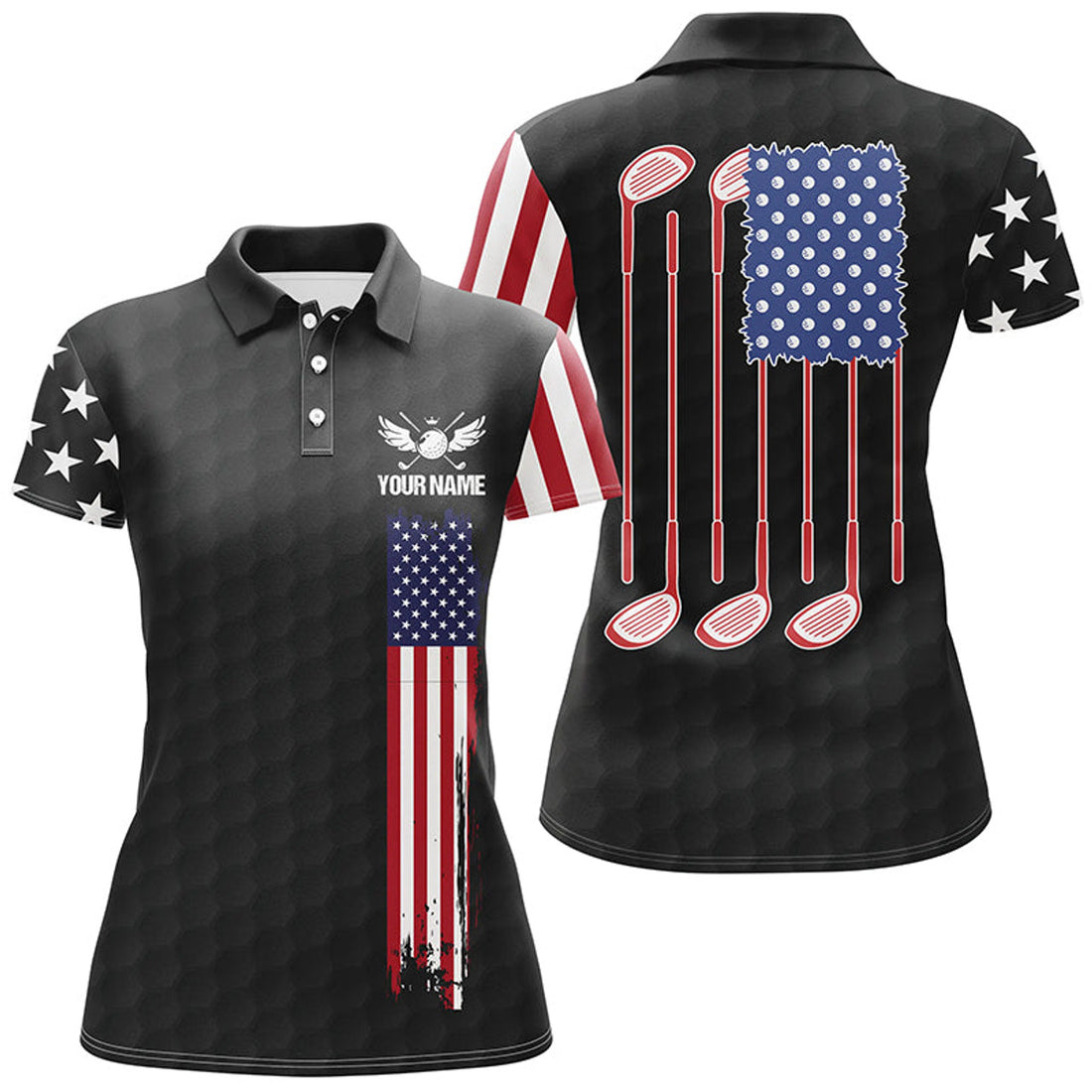 Custom Womens Golf Polo Shirts Golf Clubs American Flag Custom Patriotic Black Golf Shirt For Women