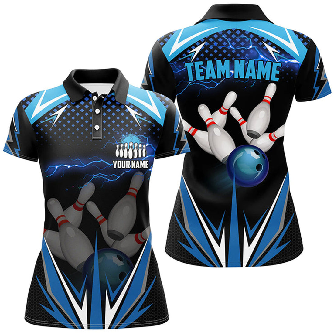 Custom Black Women Bowling Polo Shirt Custom blue lightning team Ladies Bowlers Jerseys bowling outfits