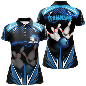 Custom Black Women Bowling Polo Shirt Custom blue lightning team Ladies Bowlers Jerseys bowling outfits