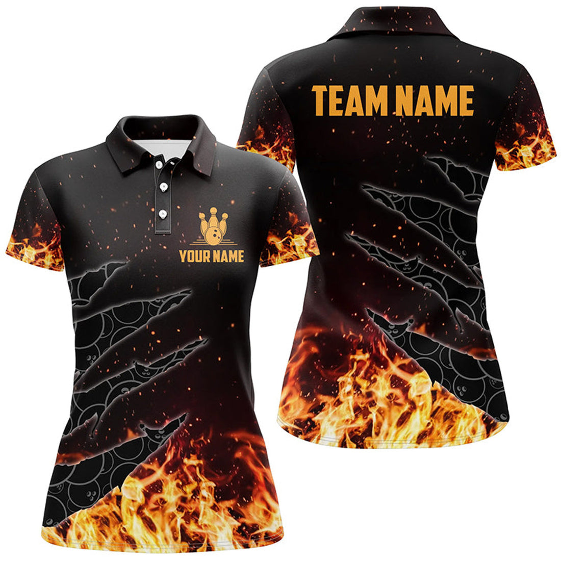 Custom Bowling Polo Shirts For Women Custom Flame Camo Bowling Team Jerseys, Gifts For Bowlers
