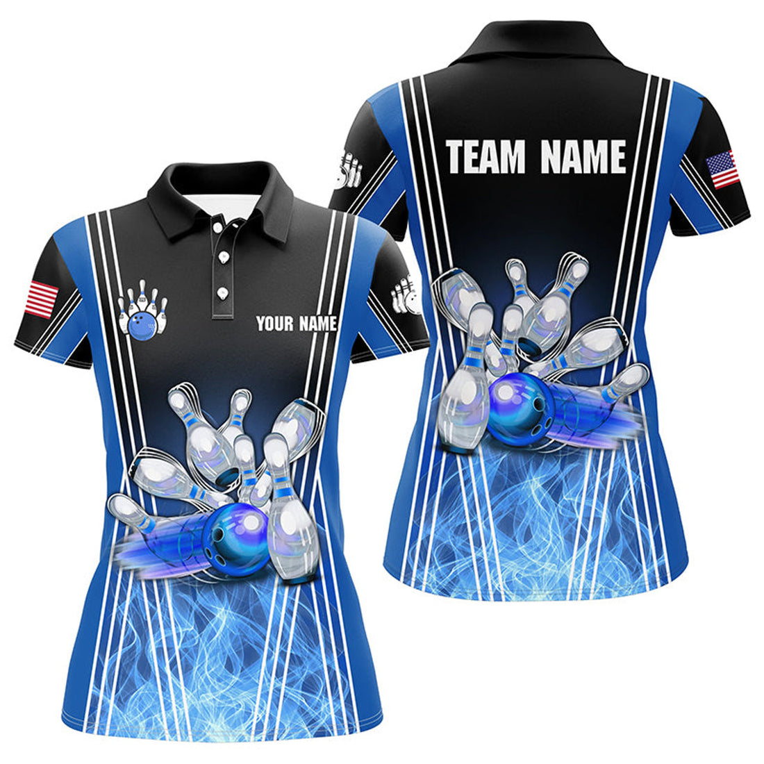 Custom Blue Flame Bowling Polo Shirts For Women Custom Team Girl Bowling Jerseys, Gift For Bowlers