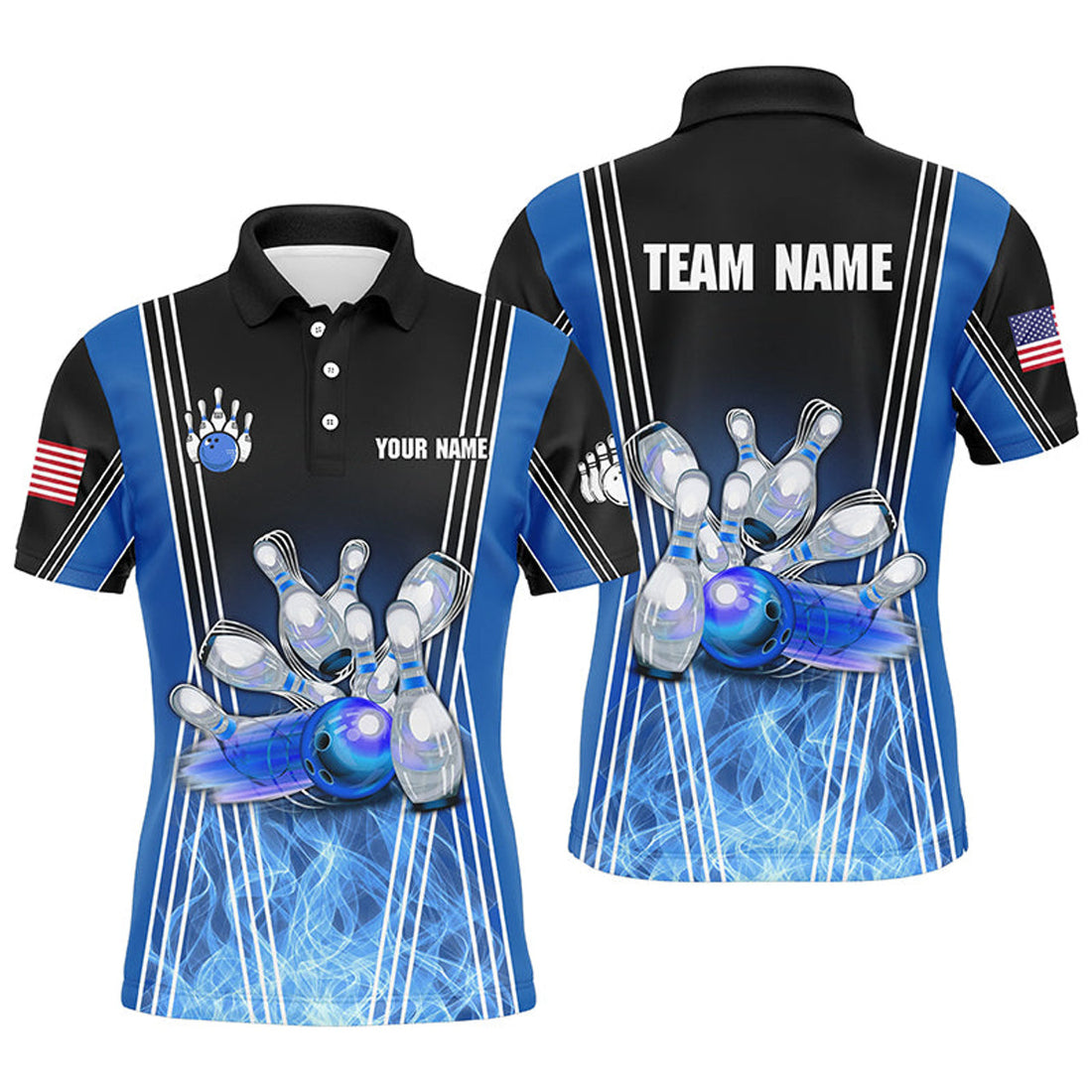 Custom Blue Flame Bowling Polo Shirts For Men Custom Team Bowling Jerseys For Men, Gift For Bowlers