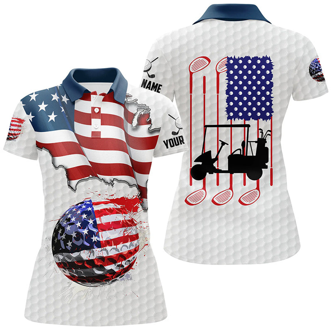 Custom American flag white Golf ball Women Golf Polo Shirt Custom Golf Shirts For Ladies, Patriotic Golf Gift