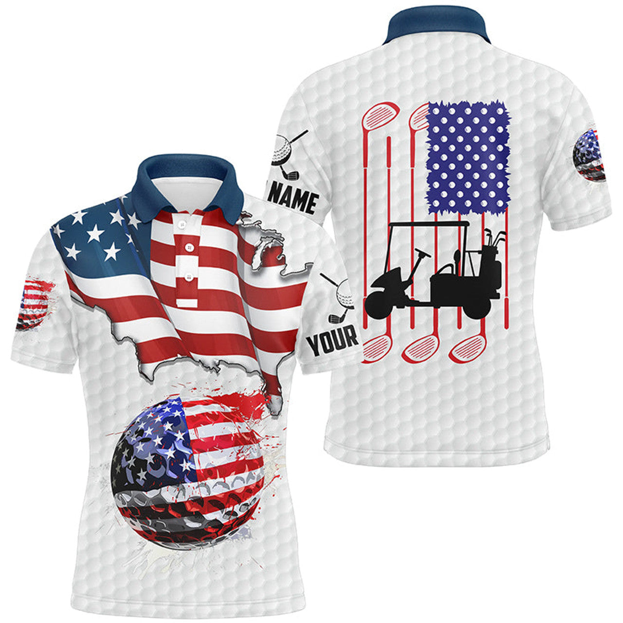 Custom American flag white Golf ball Mens Golf Polo Shirts Custom Golf Shirts For Men, Patriotic Golf Gifts