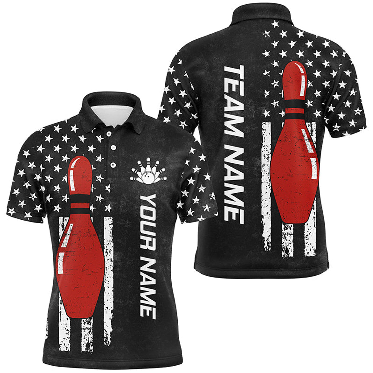 FUNSTUFFPRINT Retro Black American Flag Men Bowling Polo, Custom Patriotic Bowling Team Polo Shirt Size S-5XL