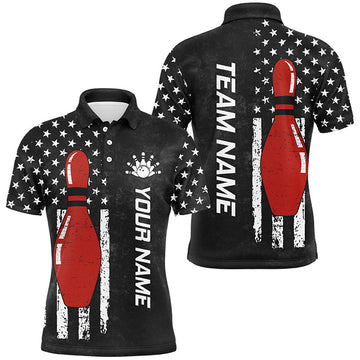 FUNSTUFFPRINT Retro Black American Flag Men Bowling Polo, Custom Patriotic Bowling Team Polo Shirt Size S-5XL