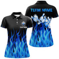 Custom Blue Flame Womens Bowling Polo Shirt Black Bowling Jerseys Personalized Bowling Team Shirts
