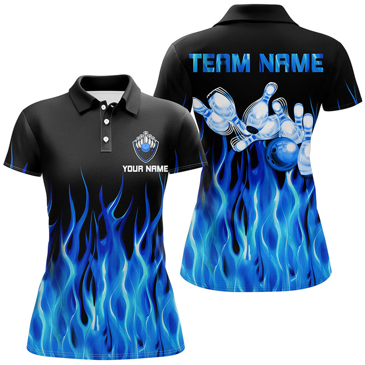 Custom Blue Flame Womens Bowling Polo Shirt Black Bowling Jerseys Personalized Bowling Team Shirts