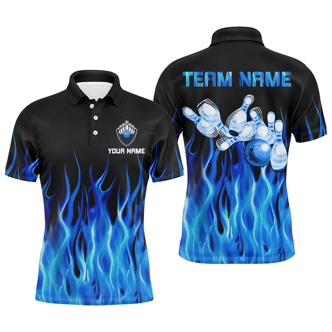 Personalized Men Polo Bowling Shirt Blue Flame Bowling Ball Pins Bowling Jerseys For Men Bowler