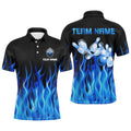 Personalized Men Polo Bowling Shirt Blue Flame Bowling Ball Pins Bowling Jerseys For Men Bowler