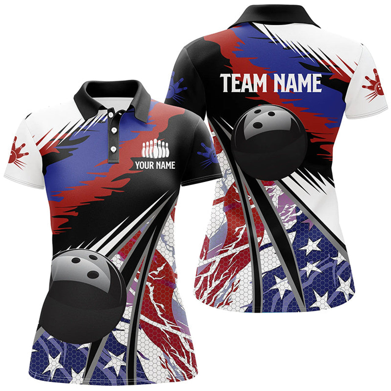 Custom Womens Polo, Bowling Shirts Custom Black Ball American Flag Bowling Team League Jerseys