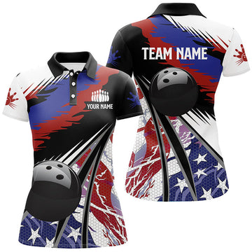 Custom Womens Polo, Bowling Shirts Custom Black Ball American Flag Bowling Team League Jerseys
