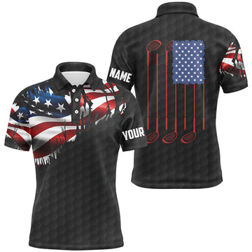 Personalized black golf polos shirt for men American flag 4th July custom name gifts for golf lovers