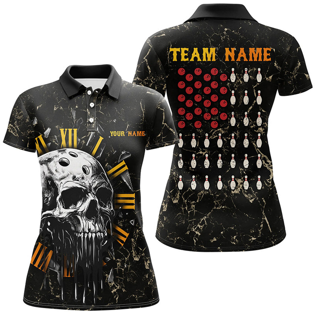 Custom Skull Bowling Camo American Flag Custom Bowling Polo For Women Bowling Team Jerseys