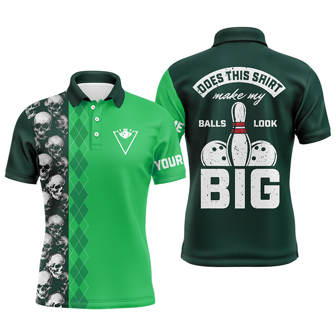 Custom Funny green skull Bowling polo shirt for men Custom name Does this shirt make my balls look big