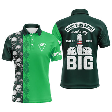 Custom Funny green skull Bowling polo shirt for men Custom name Does this shirt make my balls look big