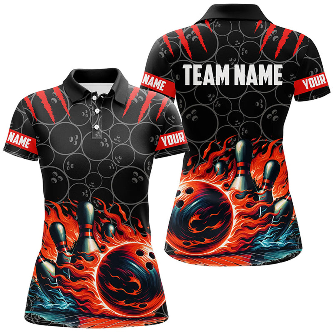 Custom Women Bowling Polo Shirts Custom Black Red Flame Bowling Shirt, Bowling Team Jerseys Gift For Bowlers