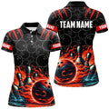 Custom Women Bowling Polo Shirts Custom Black Red Flame Bowling Shirt, Bowling Team Jerseys Gift For Bowlers