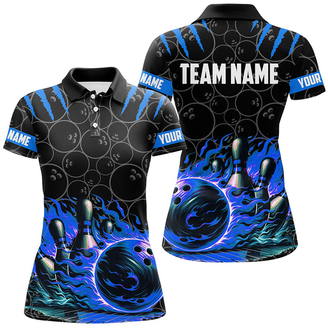 Custom Women Bowling Polo Shirts Custom Black Blue Flame Bowling Shirt, Bowling Team Jerseys Gift For Bowlers